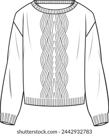 Women's Stitch Detail Jumper- Technical fashion illustration. Front, white color. Women's CAD mock-up.