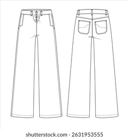 Women's Straight-Leg Jeans – Flat Sketch Template with Drawstring fastening, design. Silhouette Drawing