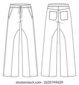Mulheres Straight-Leg Jeans - Modelo de esboço plano com cordão, CAD, Desenho