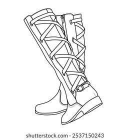 Botas altas de la rodilla de la motocicleta de la correa de las mujeres que montan los zapatos planos del tacón bajo Botas Arte de la línea, bosquejo técnico dibujando a mano contorno Vector doodle ilustración vista posterior aislada en blanco