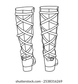 Botas altas de la rodilla de la motocicleta de la correa de las mujeres que montan los zapatos planos del tacón bajo Botas Arte de la línea, bosquejo técnico dibujando a mano contorno Vector doodle ilustración vista posterior aislada en blanco