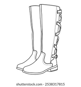 Botas altas de la rodilla de la motocicleta de la correa de las mujeres que montan los zapatos planos del tacón bajo Botas Arte de la línea, bosquejo técnico dibujando el contorno de la mano Vector doodle ilustración vista isométrica aislada en blanco