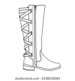 Women's Strappy Motorcycle Knee High Boots Winter Lace Up Riding Flat Low Heel Shoes Boots Line art, Technical sketch hand drawing outline vector doodle illustration side view isolated on white