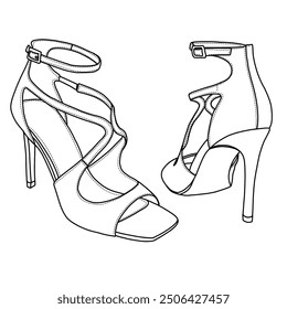 Women's Strappy Pointy Open Toe Ankle Strap Stiletto Heel Sandals Line art, Technical sketch hand drawing outline vector doodle illustration side and rear view isolated on white background