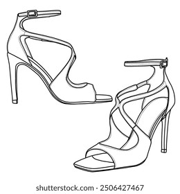 Women's Strappy Pointy Open Toe Ankle Strap Stiletto Heel Sandals Line art, Technical sketch hand drawing outline vector doodle illustration side and isometric view isolated on white background