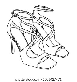 Women's Strappy Pointy Open Toe Ankle Strap Stiletto Heel Sandals Line art, Technical sketch hand drawing outline vector doodle illustration side  view isolated on white background