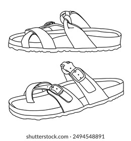 Women's Strappy Slip-On Modern Memory Foam Footbed Outdoor Adjustable Buckle Cork Footbed Sandals Line art, Technical sketch hand drawing outline vector doodle illustration isolated on white