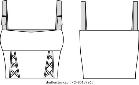 Women's Strappy Top. Technical fashion illustration. Front and back, white colour. Women's CAD mockup.