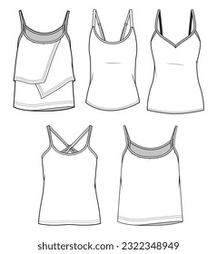 Women's Strappy Vest Tops, Camisole Top, Spaghetti Top Fashion Flat Sketch Vector Illustration, CAD, Technical Drawing, Flat Drawing, Template, Mockup.