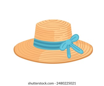 Women's straw hat with blue ribbon and bow vector illustration isolated on white background