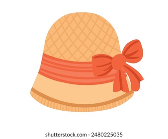 Women's straw hat with red ribbon and bow vector illustration isolated on white background