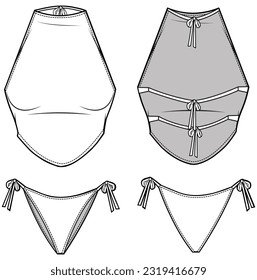 womens string bikini set halter neck two piece tankini beach wear flat sketch vector illustration front and back view technical cad drawing template