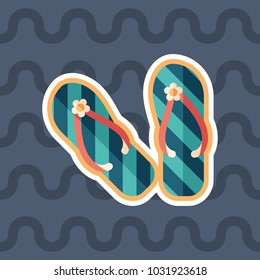Women's striped beach flip flops sticker flat icon with color background.