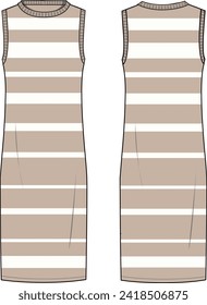 Women's Striped, Crew Neck Midi Knit Dress. Technical fashion illustration. Front and back, neutral color. Women's CAD mock-up.