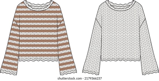 Women's Striped Crochet Jumper and Solid Crochet Jumper- Jumper technical fashion illustration. Flat apparel top template front, colored and white color. Women's CAD mock-up.