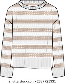 Women's Striped Crochet Jumper- Technical fashion illustration. Front, white and beige colour. Women's CAD mock-up.