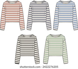 Women's Striped Crochet Jumpers- Technical fashion illustration. Front, red, black, blue, navy and green color. Women's CAD mock-up.