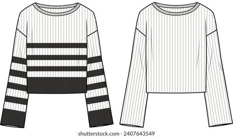 Jumper de la cinta de las mujeres a rayas. Ilustración técnica de la moda. Delantera, negra y blanca. Burla de CAD de mujeres.