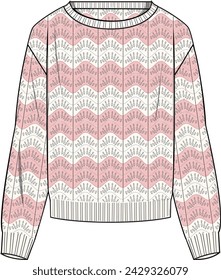 Jersey de ganchillo de vieira a rayas para mujer - Ilustración técnica de moda. Delantero, color rosa y blanco. Modelo CAD para mujer.