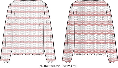 Women's Striped Scallop Hem Crochet Jumper. Technical fashion illustration. Front, white and pink colour. Women's CAD mock-up.