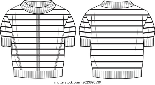 Women's Striped Short Sleeve, Mock Neck Crop Jumper- Jumper technical fashion illustration. Flat apparel jumper template front and back, white colour. Women's CAD mock-up.