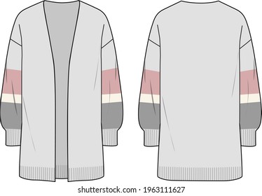 Women's Striped Sleeve, Long Line Cardigan. Cardigan technical fashion illustration. Flat apparel cardigan template front and back, colored. Women's CAD mock-up.