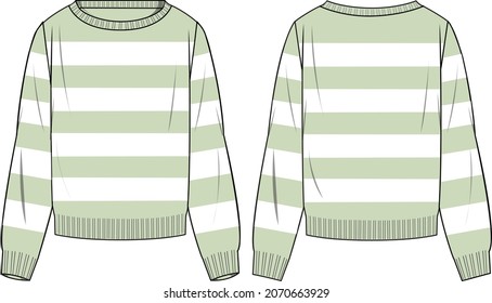 Women's Striped Sweater- Sweater technical fashion illustration. Flat apparel sweater template front and back, colored. Women's CAD mock-up.