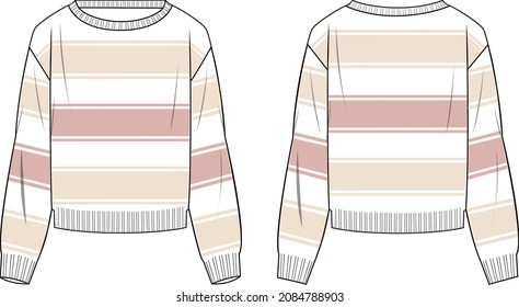 Women's Striped Sweater- Sweater technical fashion illustration. Flat apparel sweater template front and back, colored. Women's CAD mock-up.