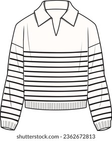 Women's Striped V Polo Neck, Jumper- Technical fashion illustration. Front, white and black color. Women's CAD mock-up.