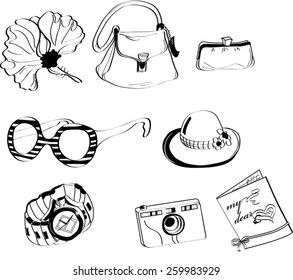 Women's Stuff
There are all Women's Stuff such as glasses, purse, camera, watches and other. All of the illustrations vector and each object is grouped.