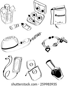  Women's Stuff
There are all Women's Stuff such as nail polish, bracelet, eyeshadow, perfume and other. All of the illustrations vector and each object is grouped.