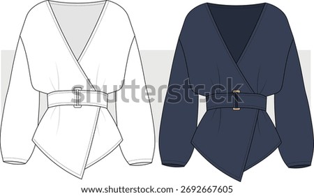 Women's stylish belted jacket technical drawing, illustration. Blouse, jacket, top vector. CAD, Mockup.