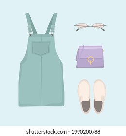 Women's stylish set, clothes and accessories, summer outfit dress, sunglasses, handbag, sneakers, vector illustration, isolated on blue background.