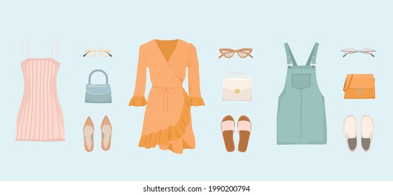 Conjunto elegante de las mujeres, ropa y accesorios, ropa de verano, gafas de sol, bolso de mano, flip flop, ilustración vectorial, aislado en fondo azul.