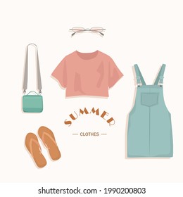 Das stilvolle Set für Frauen, Kleidung und Accessoires, Badeanzug im Sommer, Sonnenbrille, Handtasche, Flip-Flop, Vektorgrafik einzeln auf rosafarbenem Hintergrund.