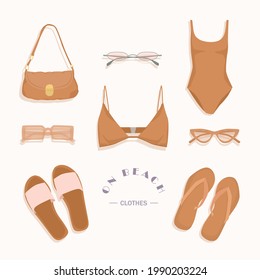 Women's stylish set, clothes and accessories, summer outfit swimsuit, sunglasses, handbag, flip flop, vector illustration, isolated on pink background.
