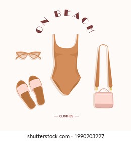 Women's stylish set, clothes and accessories, summer outfit swimsuit, sunglasses, handbag, flip flop, vector illustration, isolated on pink background.