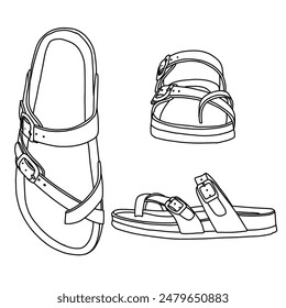 Damen Wildleder Sandalen Komfortable Support Sommer Slides Line Art, Technische Skizze Zeichnung Umriss Vektorgrafik Doodle Illustration Top, Front und Seitenansicht, isoliert auf weißem Hintergrund