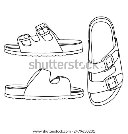 Women's Suede Sandals Comfortable Support Summer Slides Line art, Technical sketch drawing outline vector doodle illustration top and side view, isolated on white background