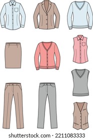 Chaqueta de traje de mujer, pantalones, pantalones, falda, camisa de manga larga, camisa de manga corta, chaleco, chaleco de punto, cardigan, saltador. Establecer. Ilustración vectorial.