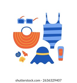 Acessórios de praia de verão feminino, ver humor. Ilustração vetorial com maiô, óculos de sol, panamá, conchas, protetor solar, saco de praia. Férias, férias no mar, estilo de vida. Cartão de design de desenho animado para logotipo, folheto