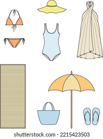 Women's Summer Beach Clothes. Set. Bikini, Swimsuit, Hat, Pareo Dress, Bag, Sun Umbrella, Beach Mat. Vector Illustration.