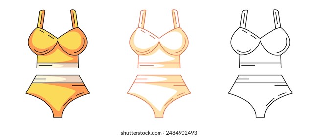 Womens summer beach two piece swimsuit, colorful and line icons set. Summer vector outline icon, monochrome and color illustration. Holiday and vacation, summertime. For logo, sticker, coloring book