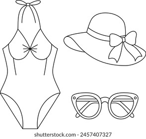 Women's summer clothes, hat and sunglasses outline icons set. Summer coloring page vector illustration