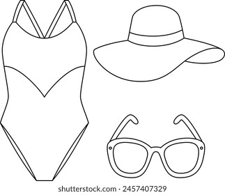 Sommerkleidung für Frauen, Hut und Sonnenbrille Umriss Icons Set. Sommerfarbseite Vektorillustration