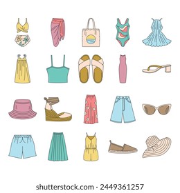 Women's summer clothes line color icons set. Signs for web page, mobile app, button, logo. Vector isolated button. Editable stroke.