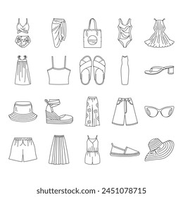 Women's summer clothes line color icons set. Signs for web page, mobile app, button, logo. Vector isolated button. Editable stroke.