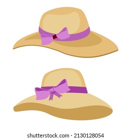 sombrero de verano femenino. Icono de sombrero de playa para mujeres aislado en blanco. Vector de un sombrero de paja con una cinta sobre un fondo blanco. Ilustración vectorial.