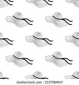 Women's summer hat seamless black and white pattern. Flat vector illustration