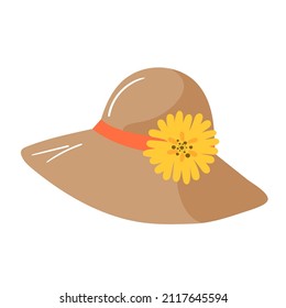 Women's summer hat with yellow flower . Vector illustration. isolated on white